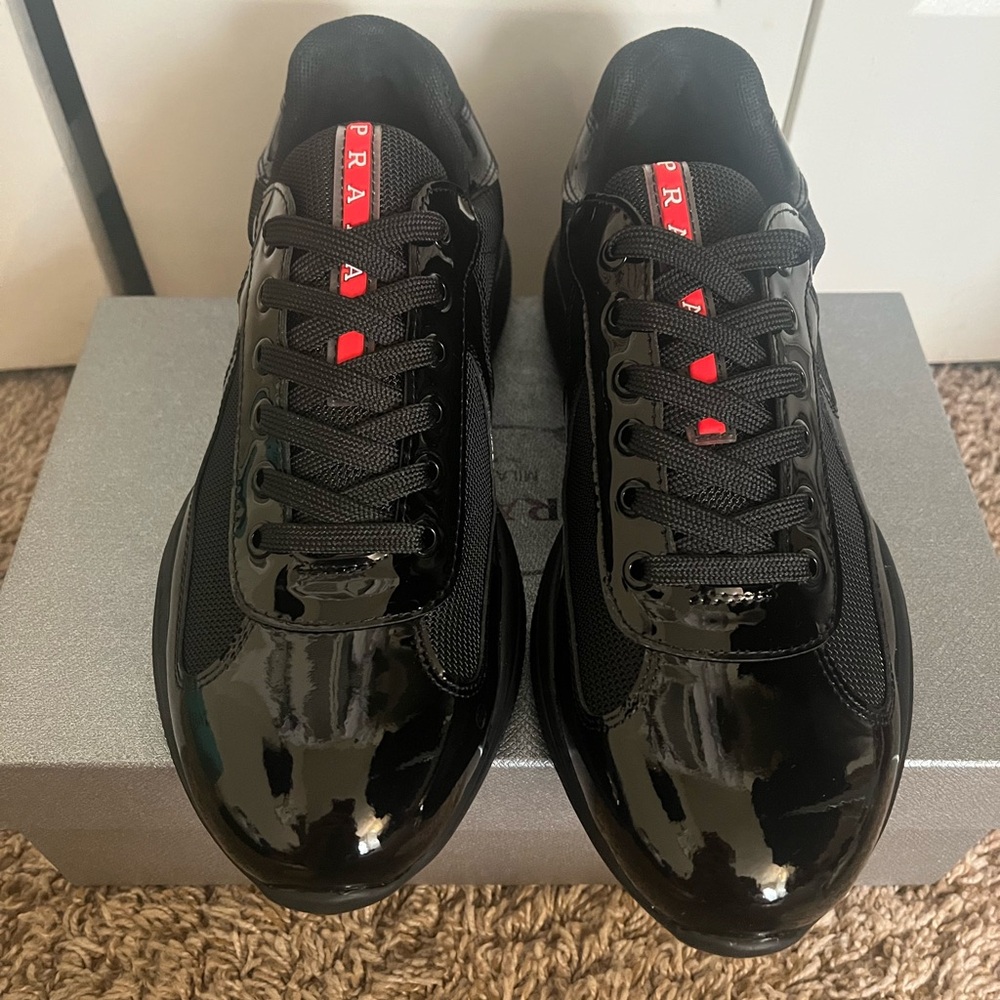 Prada Black Patent Leather & Mesh Sneakers with Red Logo Accent - Picture 2 of 8